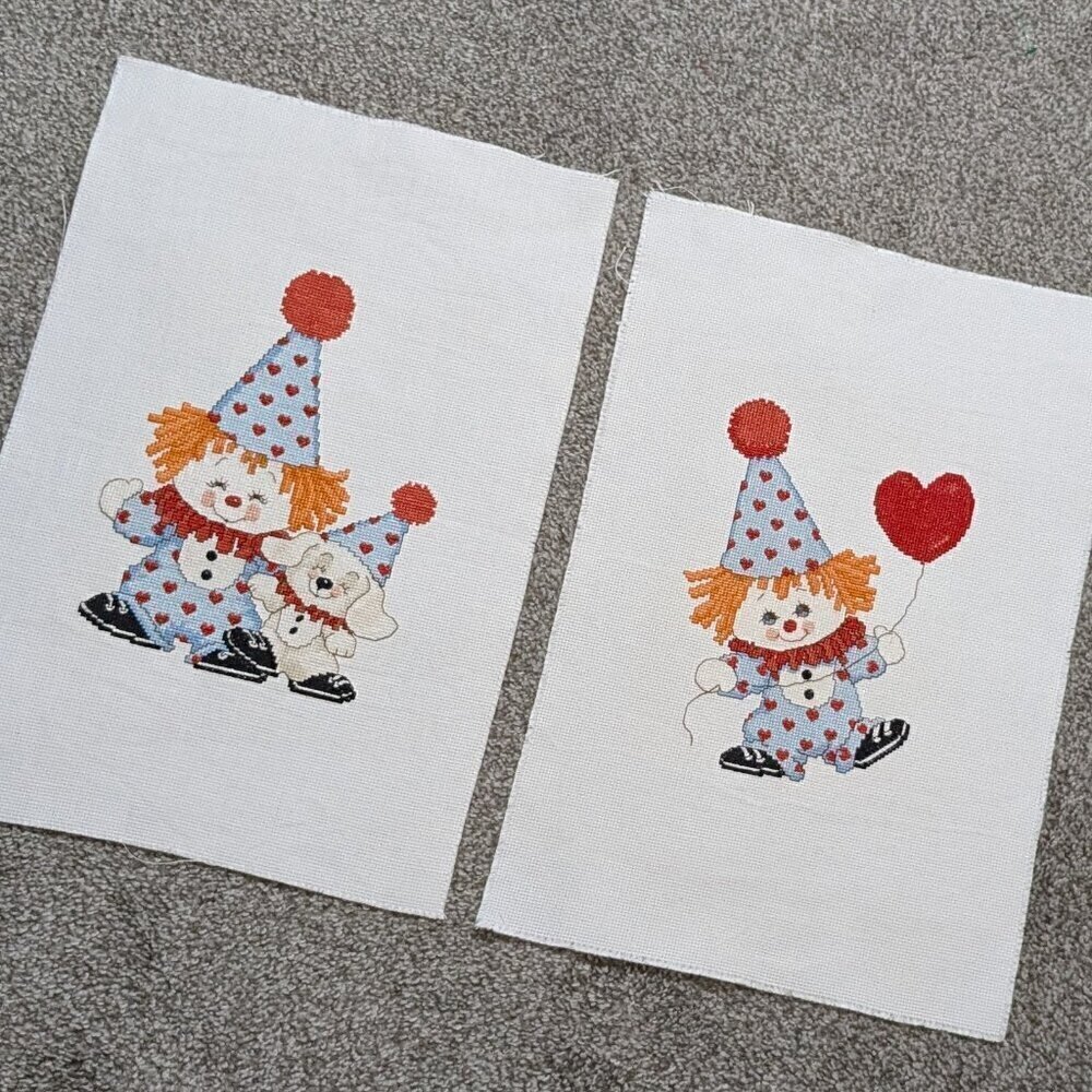 Lot of 2 Counted Cross Stitch Completed Not Framed; Playful Child Clowns; 8 x 10